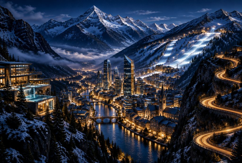 Futuristic 3D render of an Andorran valley city at night with lit ski slopes