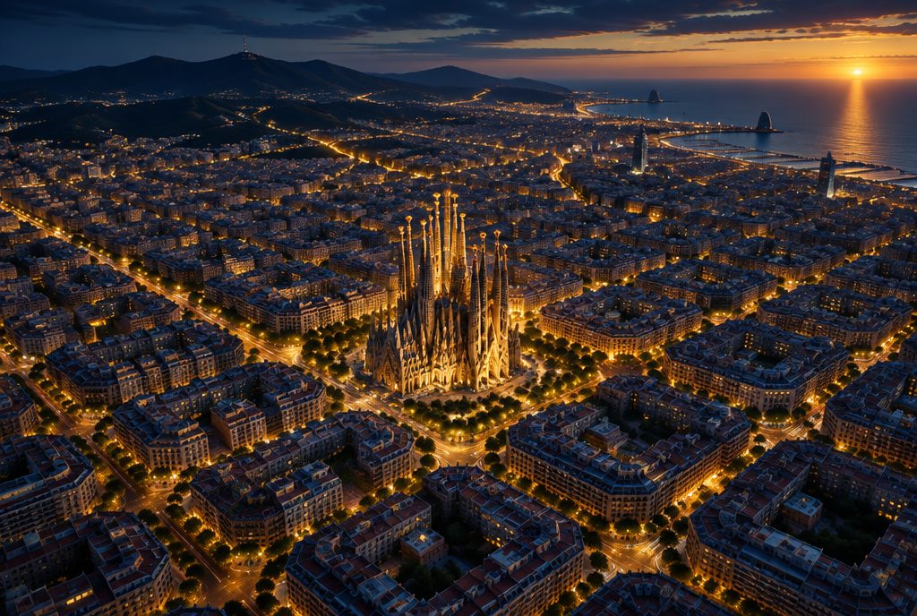 Futuristic 3D render of Barcelona at dusk with the basilica lit in gold