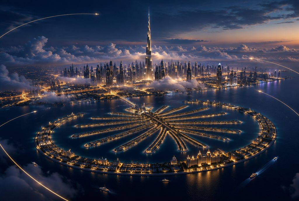Futuristic 3D render of the Dubai skyline and the palm island at dusk