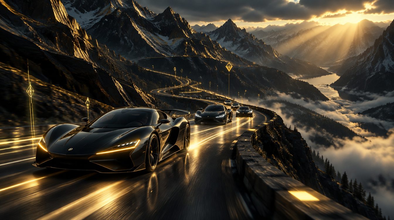 3D render of supercars on a mountain road with gold light trails