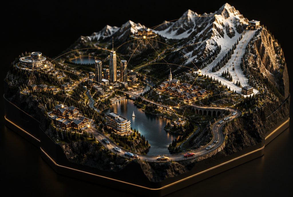 Isometric 3D diorama of the Andorran valley with roads, towers and ski lifts