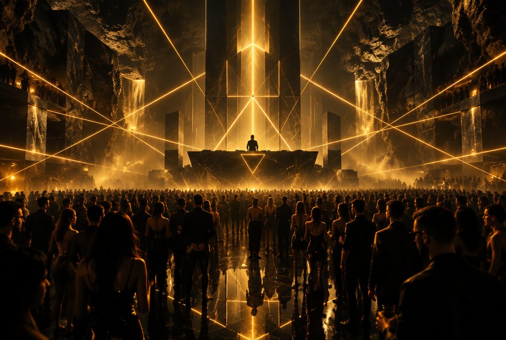 3D render of a nightclub carved into mountain stone with gold lasers
