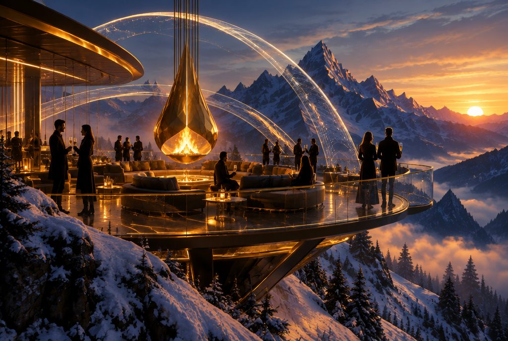 3D render of a suspended apres-ski lounge on a snow ridge at sunset