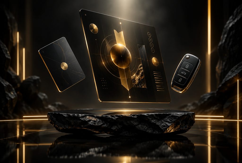 3D render of a floating dark glass interface panel with gold UI geometry