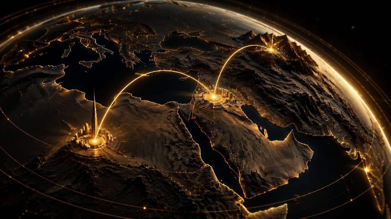 3D render of a dark globe with gold flight arcs between three lit nodes